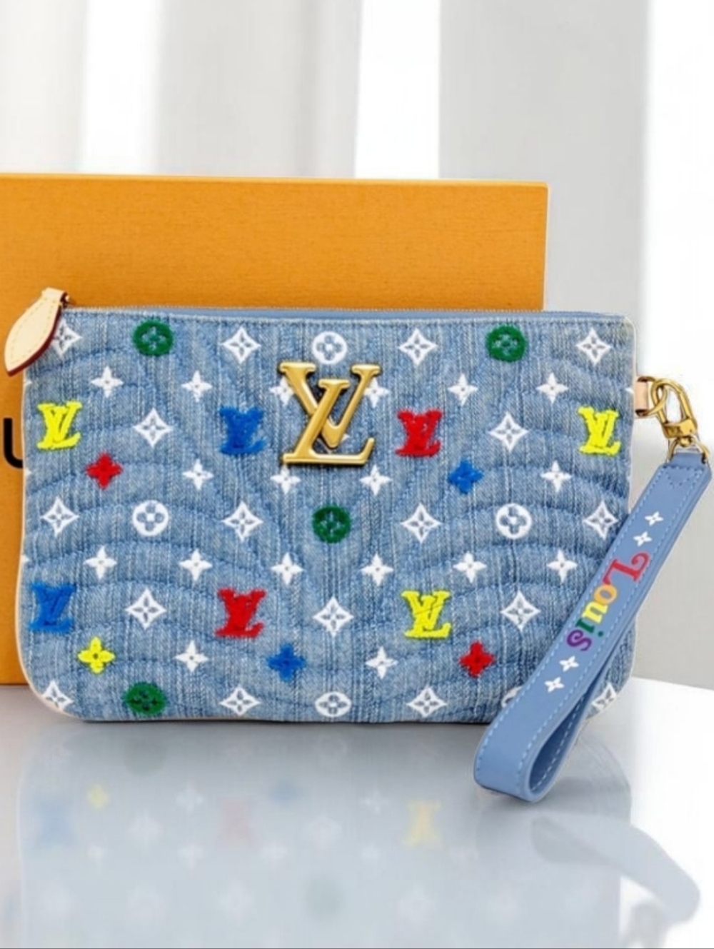 Louis Vuitton New Wave Denim Monogram Wristlet Pouch Multicolor